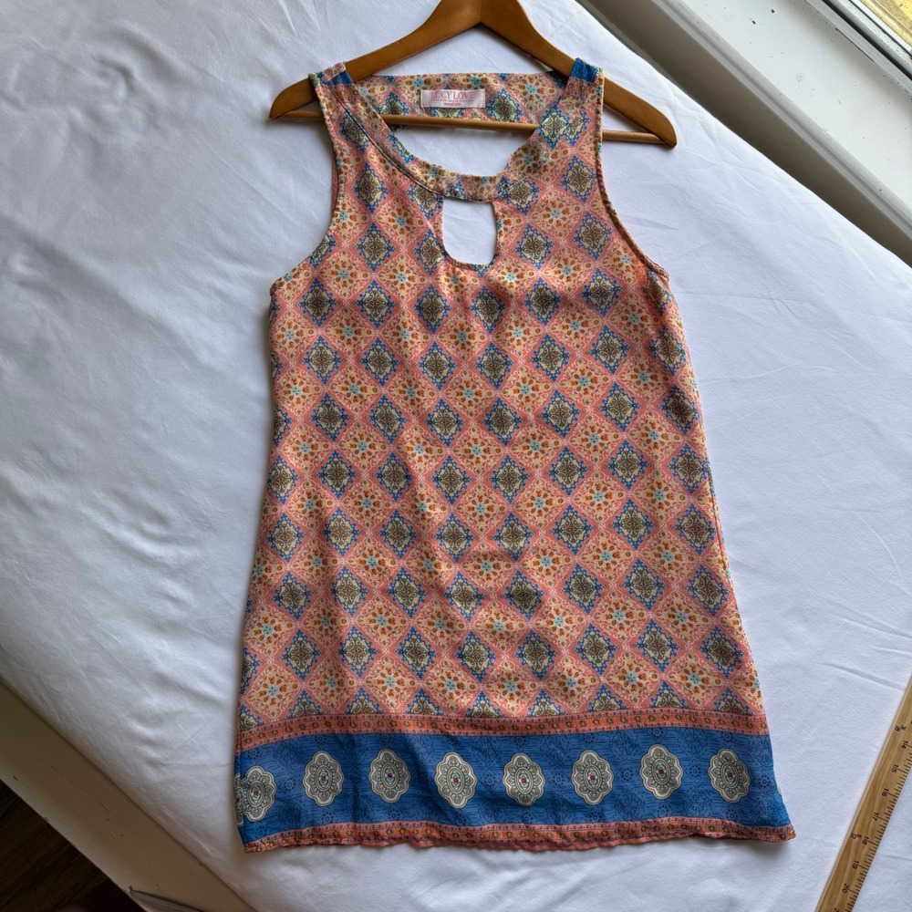 Lucy‎ Love Eva Dress M Medallion Paisley Keyhole Mini Shift Dress Boho Y2K Beach